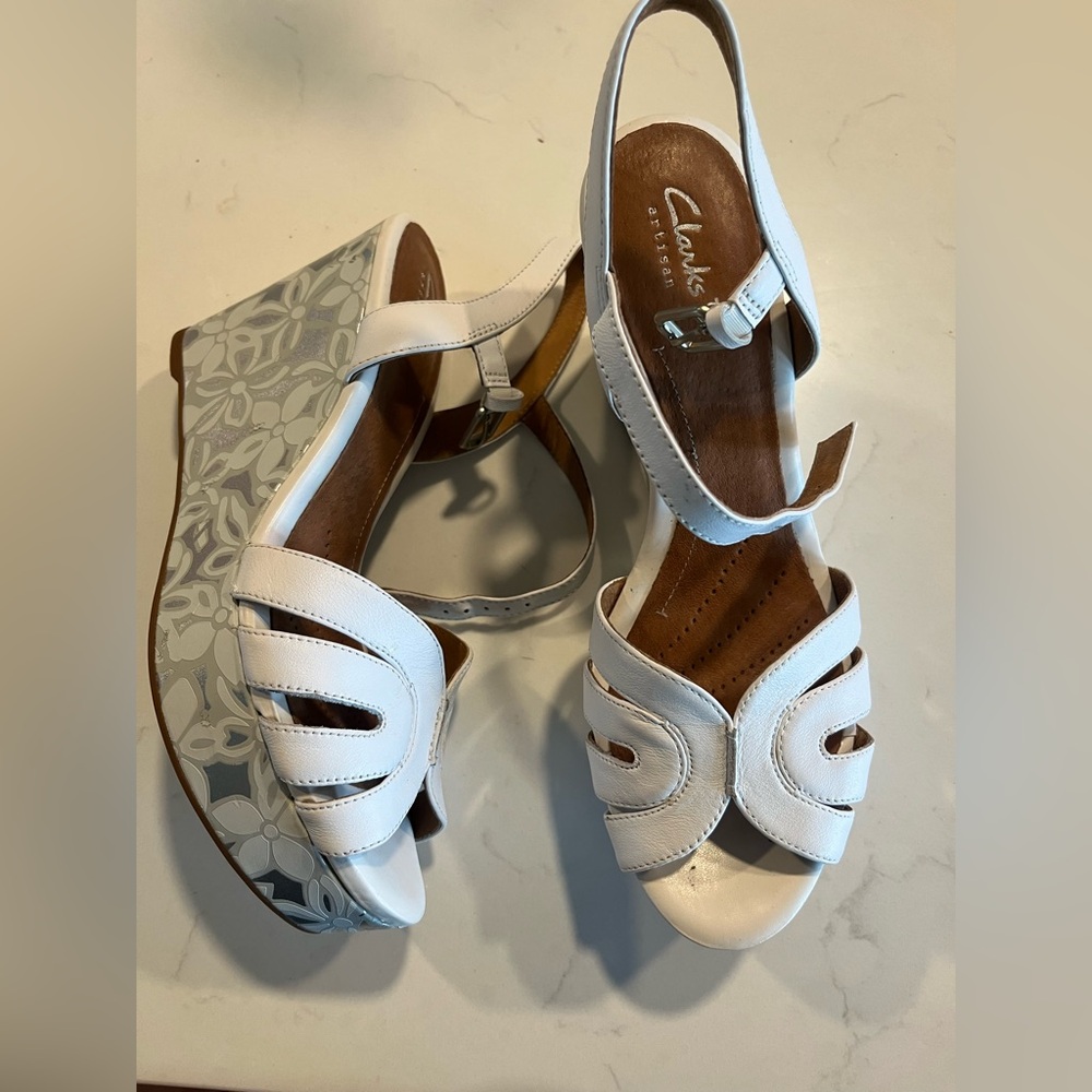 Clarks white with silver floral on wedge heels size 9 New